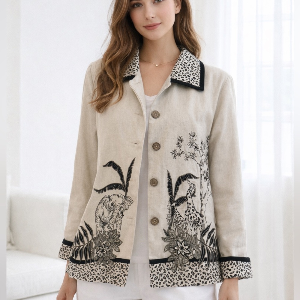 Sharon Young Beige and Black Animal Appliqué Safari Blazer